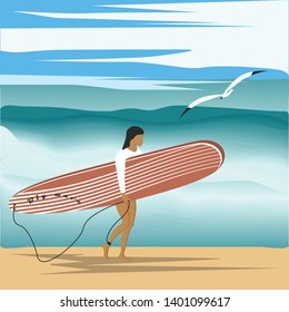 Surfing - seascape - big wave, seagull, sky. The girl goes on the beach with a surfboard - illustration, vector