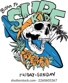 Surfing season, summertime skull with surfboard palm and followers. 