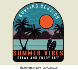 Surfing session graphic print  design for t shirt print, poster, sticker, background and other uses. Surfing board and palm tree  vector print artwork. 