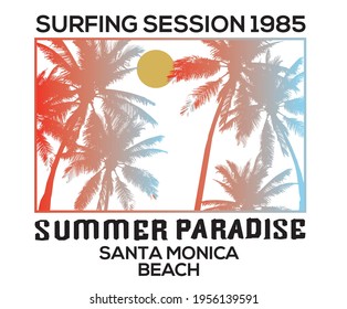 Surfing session summer paradise palms beach vector artwork. American beach vibes tee artwork design.