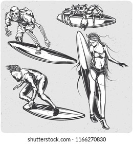 Surfing set. Black and white illustration. Isolated on light backgrond with grunge noise and frame.