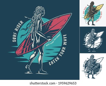 Surfing set of girl surfer on coast with surfingboard walking on the beach. Hawaii print for t-shirt design