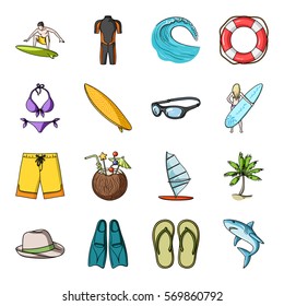 Surfing set icons in cartoon style. Big collection of surfing vector symbol stock illustration