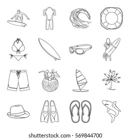 Surfing set icons in outline style. Big collection of surfing vector symbol stock illustration