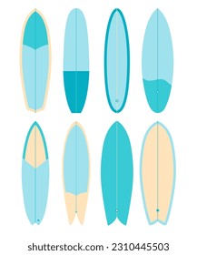 Surfen. Satz von Illustrationen von Surfbrettern in blauen Farben auf weißem Hintergrund.	