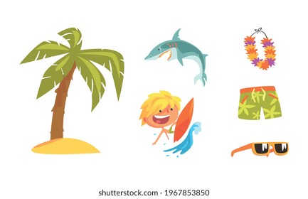 Surfing Set, Summer Vacation Objects, Palm Tree, Shark, Sunglasses, Shorts, Wreath of Flowers Cartoon Vector Illustration