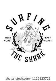 Surfing the shark black on white is a vector illustration of a maui man with a wood mask surfing a shark