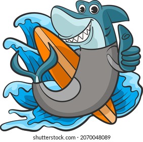 Surfing shark cartoon fish vector