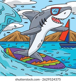Surfing Shark Colored Cartoon Illustration 