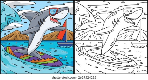 Surfing Shark Coloring Page Colored Illustration