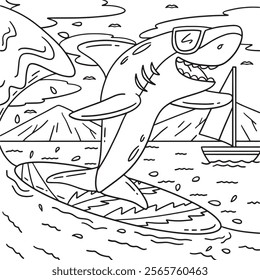 Surfing Shark Coloring Page for Kids