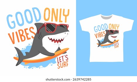 Surfing shark hand drawn illustration vector, ready for print on t-shirt and other uses.