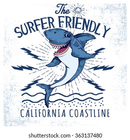 Surfing. Shark - Print for boy apparel in custom colors.Vector.