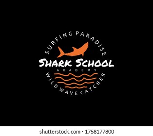 Surfing Shark School and apparel design, Typography Surfing fashion print design with shark and surfboard shape.