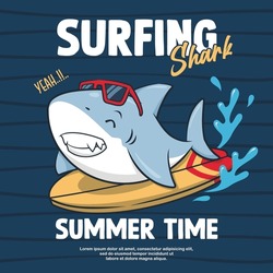 Surfing Shark, Summer Time. Cute Cartoon Illustration