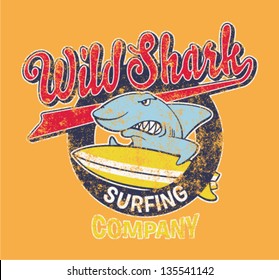 Surfing shark - Vector artwork for children wear in custom colors, grunge effect in separate layer