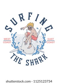 Surfing the shark is a vector illustration of a maui man with a wood mask surfing a shark