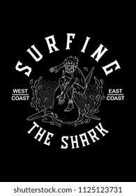 Surfing the shark white on black is a vector illustration of a maui man with a wood mask surfing a shark