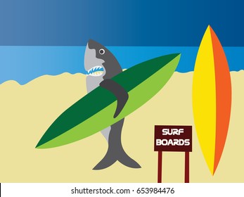 Surfing Sharks 2
A shark on the beach carrying a surf board,