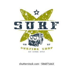 Surfing shop emblem. Graphic design for t-shirt