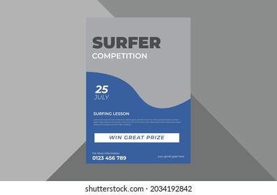 surfing shop flyer design template. summer surfing poster leaflet design.
a4 template, brochure design, cover, flyer, poster, print-ready