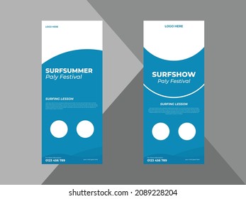 surfing shop roll up banner design template. summer surfing poster leaflet design. cover, roll up banner, poster, print-ready