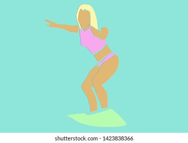 Surfing. Silhouette of blond female surfer in swimsuit on surfboard. Active leisure design element. Applique or paper cut style. Colorful vector illustration.