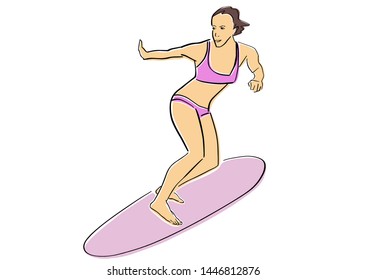 Surfing. Silhouette of female surfer on surfboard. Vector flat illustration. Active leisure cartoon. Isolated black contour and colors. Design element.