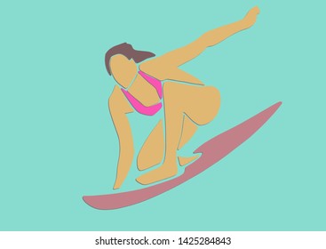 Surfing. Silhouette of female surfer in pink swimsuit on surfboard. Active leisure design element. Applique or paper cut style. Colorful vector illustration.