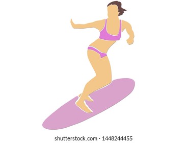 Surfing. Silhouette of female surfer in pink swimsuit on surfboard. Active lifestyle cartoon. Contemporary applique or paper cut style. Colorful vector abstract illustration. Single design element.