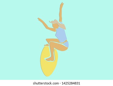 Surfing. Silhouette of female surfer in swimsuit on surfboard. Active leisure design element. Applique or paper cut style. Colorful vector illustration.