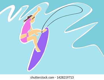 Surfing. Silhouette of female surfer in swimsuit on surfboard. Active lifestyle cartoon. Contemporary applique or paper cut style. Colorful vector abstract illustration.