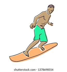 Surfing. Silhouette of male surfer in shorts on surfboard. Vector flat illustration. Active leisure design element. Isolated black contour and colors.