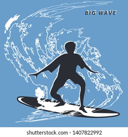 Surfing - silhouette of a man on a surfboard - big wave on blue background - vector