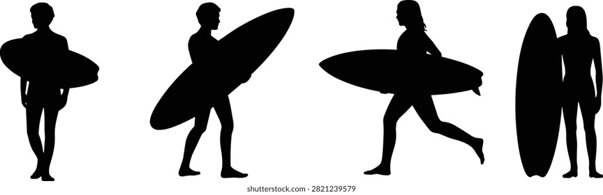 Surfing silhouette set with dynamic poses—standing, walking, running, and grouped—perfect for beach lifestyle, water sports, and coastal activity visuals