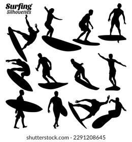 Surfing silhouette vector illustration set.