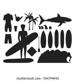 Surfing silhouette vector set.