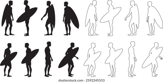 Surfing Silhouettes Set Collection With White Background