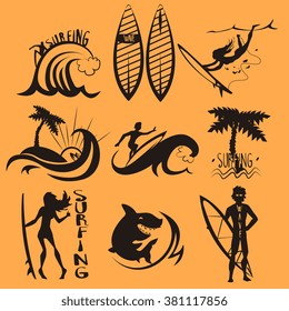 Surfing Silhouettes. Vector Collection print for t-shirt, silhouettes of surfers and surf boards