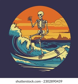 surfing skeleton skull with surf board in ocean wave summer vintage retro logo badge vector illustration