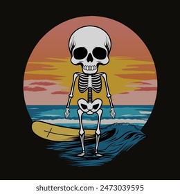 Surfing skeleton skull with surf board in ocean wave summer vintage retro logo badge vector illustration