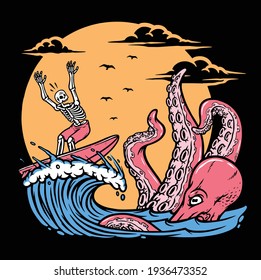 Surfing skull and octopus illustration