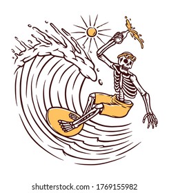 surfing skull on the beach vector illustration