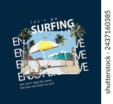 surfing slogan with beach wave and palm trees vector illustration created by hand drawn