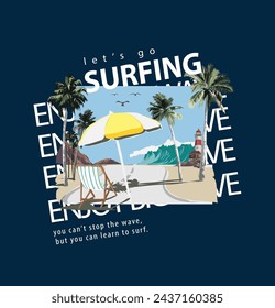 surfing slogan with beach wave and palm trees vector illustration created by hand drawn