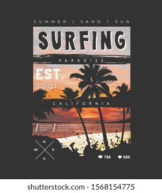 surfing slogan on sunset and palm trees silhouette illustration
