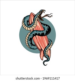 surfing snake tattoo vector design