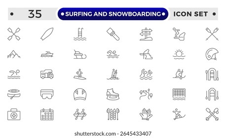 Surfing and Snowboarding Outline Icon Set – Extreme Water and Mountain Sports.
