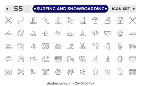 Surfing and Snowboarding Outline Icon Set – Extreme Water and Mountain Sports.

