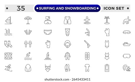 Surfing and Snowboarding Outline Icon Set – Extreme Water and Mountain Sports.
